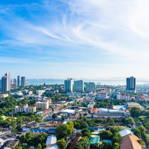 Pattaya Chonburi Thailand - 28 May 2019 : Beautiful landscape and cityscape of Pattaya city is popular destination in Thailand with white cloud and blue sky